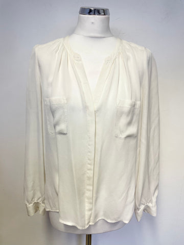 WHISTLES IVORY SILK COLLARLESS LONG SLEEVE BLOUSE SIZE 14