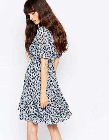 REISS JULES CORNFLOWER BLUE SHORT SLEEVE SILK FIT & FLARE DRESS SIZE 8