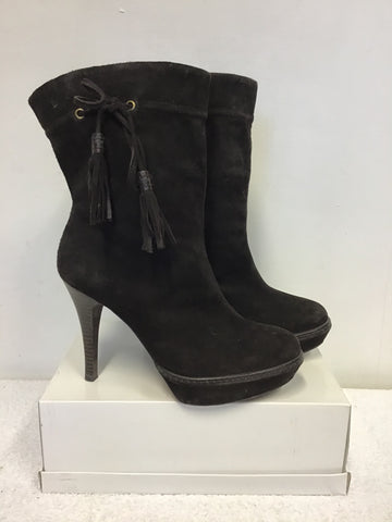 KAREN MILLEN DARK BROWN SUEDE TASSEL TRIM CALF LENGTH BOOTS SIZE 5/38