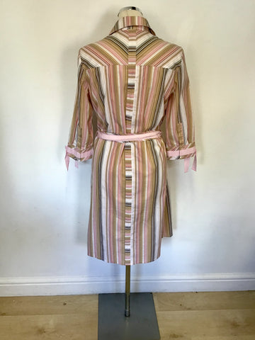 WHISTLES PINK,WHITE & BROWN STRIPE TIE WAIST SHIRT DRESS SIZE 14