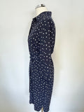 IRIS & INK NAVY BLUE & WHITE PRINT 100% SILK 3/4 SLEEVE BELTED SHIRT DRESS SIZE 8