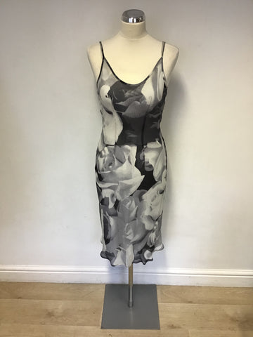 HOBBS GREY ROSE PRINT SILK SLIP DRESS SIZE 8