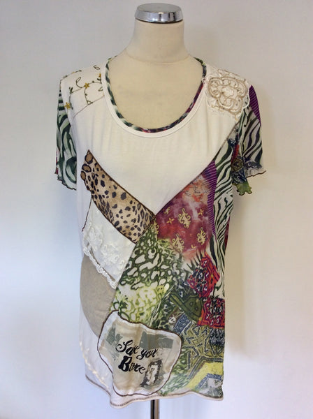 ELISA CAVALETTI WHITE & MULTICOLOURED PRINT EMBELISHED SHORT SLEEVE TOP SIZE XXL