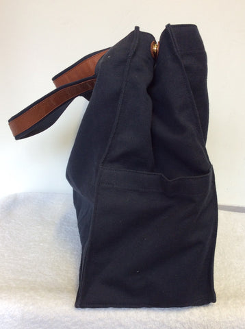 YVES SAINT LAURENT LARGE NAVY BLUE CANVAS & TAN LEATHER HAND/SHOULDER BAG