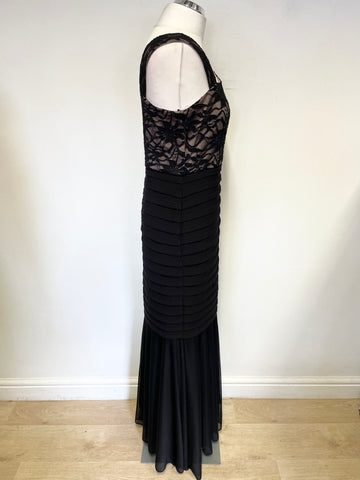 R&M RICHARDS BLACK LACE TOP SLEEVELESS LONG EVENING DRESS SIZE 6 UK 10