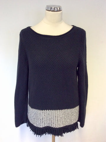 MINT VELVET DARK BLUE & WHITE WEAVE FRINGE TRIM JUMPER SIZE 12