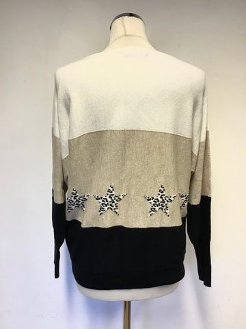 MINT VELVET IVORY,BEIGE & BLACK STRIPE JUMPER WITH LEOPARD PRINT STARS SIZE S