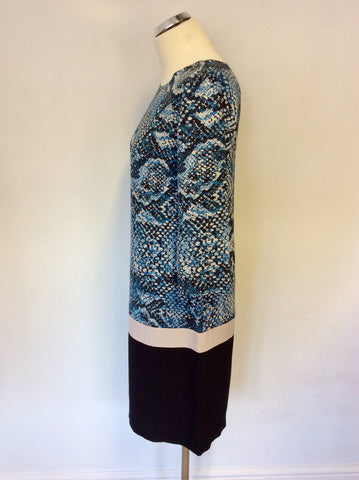 LK BENNETT PRAGUE BLUE & BLACK SNAKESKIN PRINT SILK SHIFT DRESS SIZE 10o