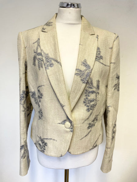 HOBBS CREAM & SILVER GREY METALLIC DESIGN LINEN & COTTON TAILORED JACKET SIZE 16