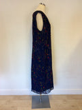 MARINA RINALDI DARK BLUE SILK BEADED & SEQUINNED SHIFT DRESS SIZE 19 UK 14/16
