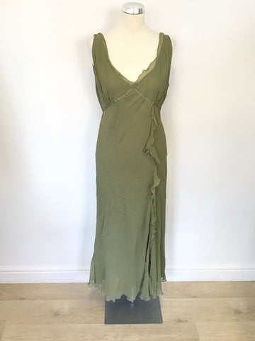 JIGSAW OLIVE GREEN SILK SLEEVELESS FRILL TRIM BIAS CUT DRESS SIZE 16