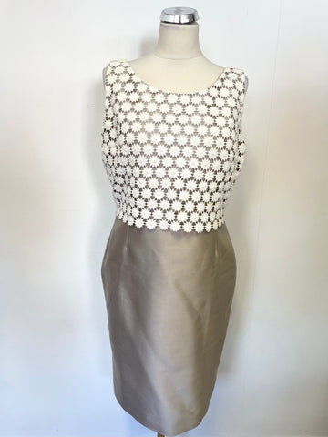 HOBBS INVITATION OYSTER BEIGE WITH WHITE CROCHET LACE TRIM PENCIL DRESS & JACKET SUIT SIZE 14
