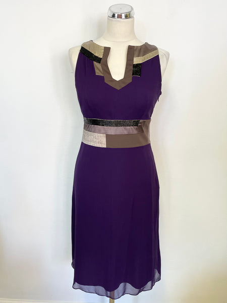 KAREN MILLEN PURPLE SILK BEAD TRIMED SLEEVELESS SPECIL OCCASION DRESS SIZE 10