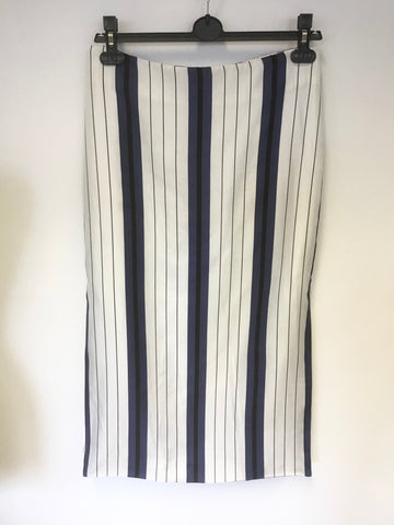 PROTAGONIST IVORY,BLUE & BLACK STRIPE 100% SILK MIDI SKIRT SIZE 6 UK 10