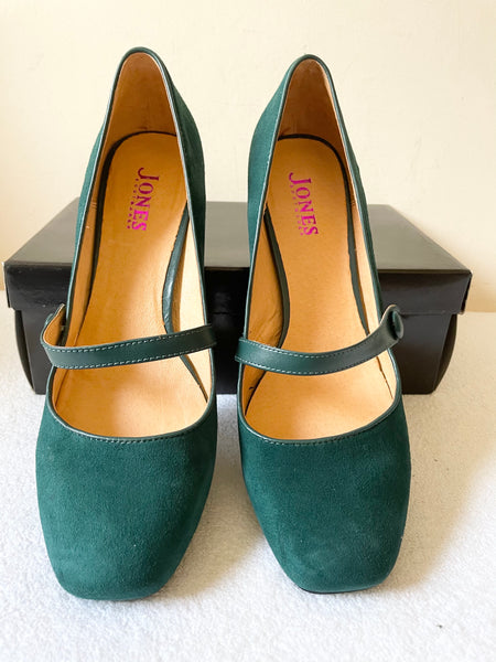 BRAND NEW JONES BOOTMAKER TEAL/ GREEN SUEDE MARY JANE KITTEN HEELS SIZE 7.5/41