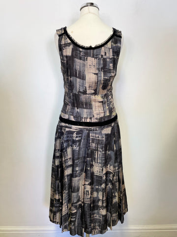 WHISTLES BLACK,GREY & BEIGE PRINT SILK FIT & FLARE SLEEVELESS DRESS SIZE 8
