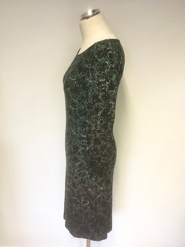 JIGSAW GREEN,BLACK & GREY PRINT STRETCH JERSEY 3/4 SLEEVE DRESS SIZE S