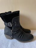 BRAND NEW RIEKER BLACK LEATHER & SUEDE ZIP & BUCKLE TRIM HEELED ANKLE BOOTS SIZE 4/37