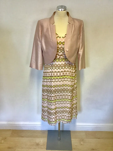 HOBBS INVITATION PINK,WHITE,LIME & BROWN SILK PRINT DRESS & PINK JACKET SIZE 12