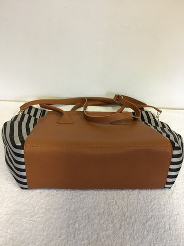 BRAND NEW RARE HENRI BENDEL MISS BENDEL TAN LEATHER & BROWN STRIPE BABY / TRAVEL BAG