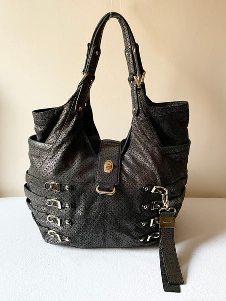 JIMMY CHOO BLACK SHIMMER SILVER STUD TRIM LARGE LEATHER SHOULDER BAG