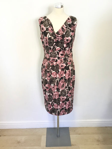 PHASE EIGHT PINK & BROWN FLORAL PRINT SLEEVELESS STRETCH PENCIL DRESS SIZE 12
