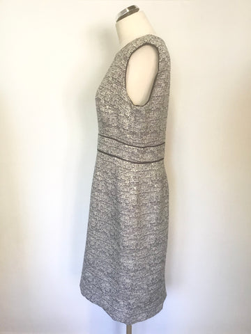 JAEGER NAVY BLUE,IVORY & SILVER WEAVE SLEEVELESS PENCIL DRESS SIZE 16