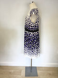 LINEA PURPLE,WHITE & BLACK PRINT CAP SLEEVE PENCIL DRESS SIZE 18