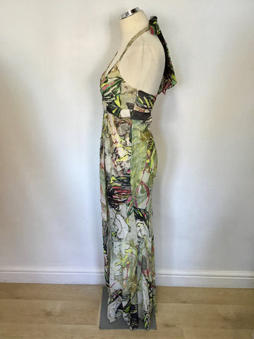 KAREN MILLEN MULTI COLOURED HALTERNECK PRINT MAXI DRESS SIZE 10