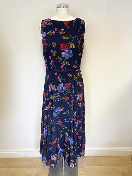 BRAND NEW HOBBS NAVY BLUE  & MULTI COLOURED FLORAL PRINT SLEEVELESS MIDI DRESS SIZE 12