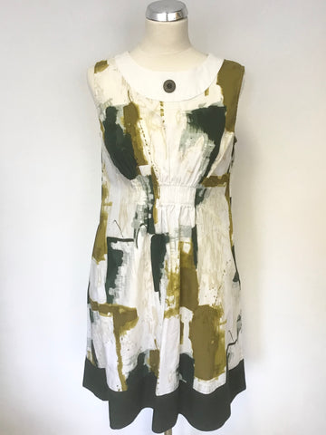 SIMPLY VERA BY VERA WANG WHITE,BEIGE & GREEN PRINT COTTON SLEEVELESS DRESS SIZE 12 UK 16