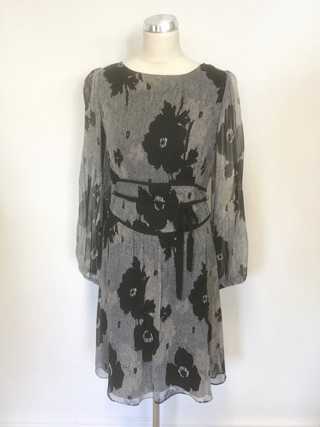 ALICE BY TEMPERLEY BLACK & GREY PRINT SILK LONG SLEEVE OCCASION DRESS SIZE 12
