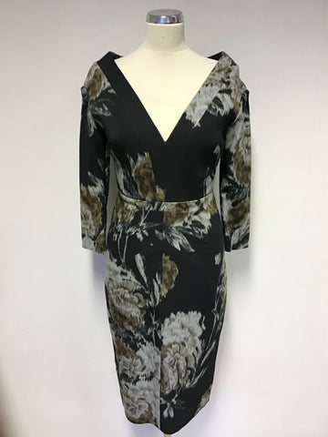 NO 21 BLACK,BROWN & GREY FLORAL PRINT 3/4 SLEEVE PENCIL DRESS SIZE 40 UK 10