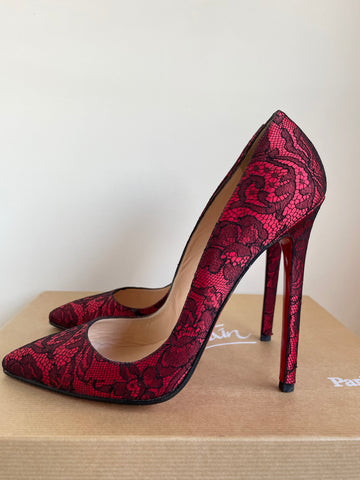 CHRISTIAN LOUBOUTIN RED SATIN & BLACK LACE HEELS SIZE 4.5/37.5