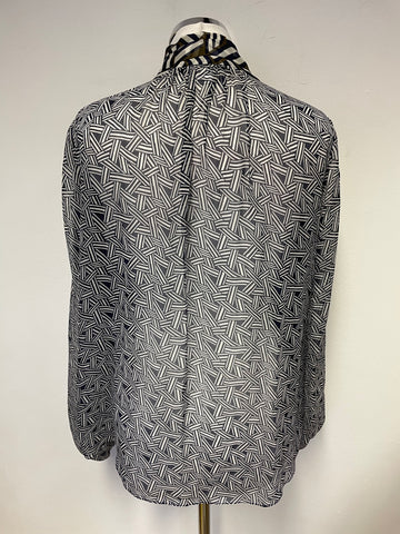DIANE VON FURSTENBERG NAVY BLUE,CREAM & BROWN PRINT SILK TIE NECK BLOUSE SIZE 10 UK 14