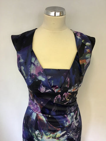 KAREN MILLEN BLACK & BLUE WITH FLORAL PRINT PENCIL DRESS SIZE 10