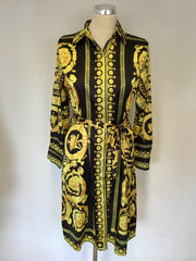 BRAND NEW FOREVER UNIQUE U COLLECTION BLACK & YELLOW PRINT TIE BELT DRESS SIZE M