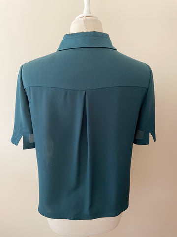 KAREN MILLEN BOTTLE GREEN LACE FRONT SHORT SLEEVE COLLARED TOP SIZE 12