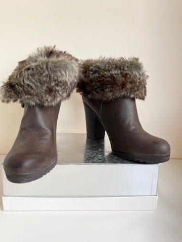 BRAND NEW MARKS & SPENCER BROWN FUR TRIM ANKLE BOOTS SIZE 6.5/40