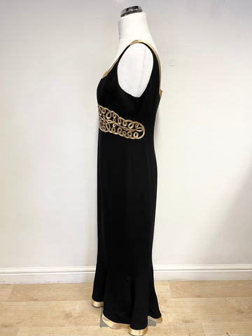 HELEN SYKES BLACK & GOLD BRAID TRIMMED LONG EVENING DRESS & MATCHING BOLERO JACKET SIZE 16