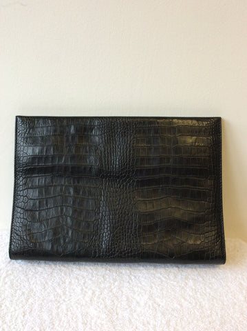 LARGE BLACK LEATHER CROC DESIGN CLUTCH BAG