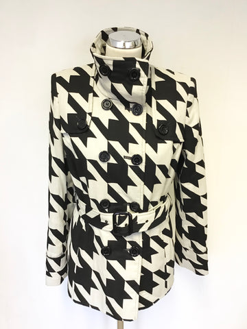 PLANET BLACK & IVORY ABSTRACT PRINT DOUBLE BREASTED BELTED JACKET SIZE 10