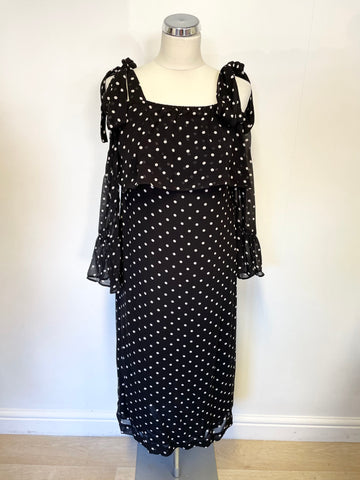 BRAND NEW GANNI BLACK & WHITE SPOT MONETTE GEORGETTE COLD SHOULDER MIDI DRESS SIZE 36 UK 10