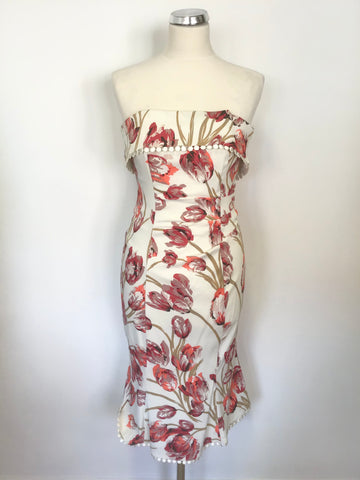 KATEN MILLEN CREAM & RED TULIP PRINT STRAPLESS PENCIL DRESS SIZE 10