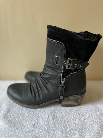 BRAND NEW RIEKER BLACK LEATHER & SUEDE ZIP & BUCKLE TRIM HEELED ANKLE BOOTS SIZE 4/37