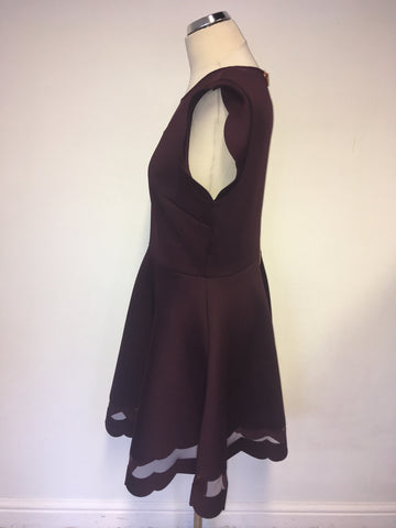 TED BAKER SHARLOT MAROON MESH INSERT SKATER DRESS SIZE 4 UK 14