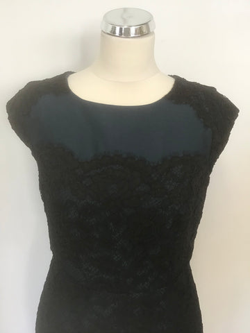 LK BENNETT LAVINIE TEAL & BLACK LACE SPECIAL OCCASION PENCIL DRESS SIZE 12