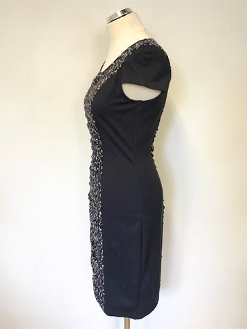 MARKS & SPENCER AUTOGRAPH NAVY BLUE PANEL PRINT CAP SLEEVE PENCIL DRESS SIZE 10