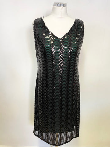 M&CO BLACK SEQUINNED GREEN LINED SLEEVELESS SHIFT DRESS SIZE 14
