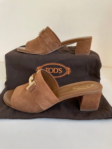 TODS BROWN SUEDE OPEN TOE SLIP ON HEELED MULES SIZE 4.5/37.5